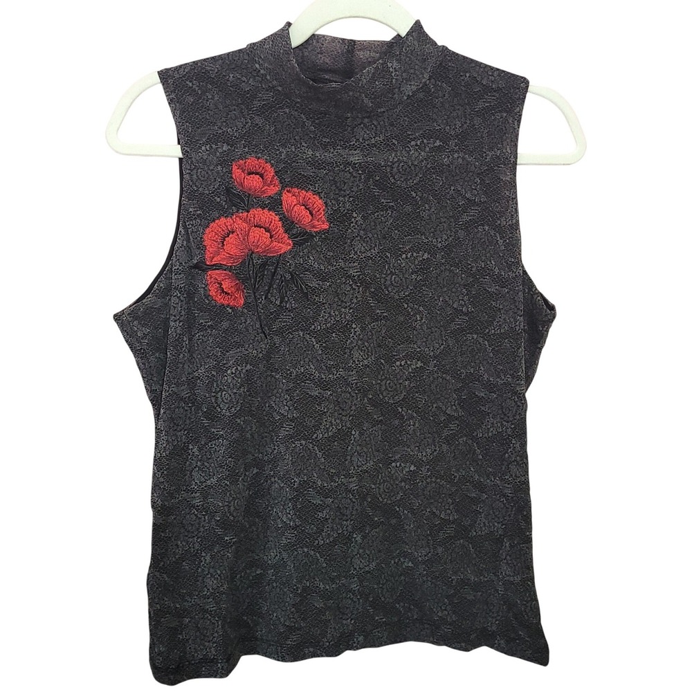 New York & Company Gray Lace Vintage MockNeck Sleeveless Top Red Poppy Y2K Large